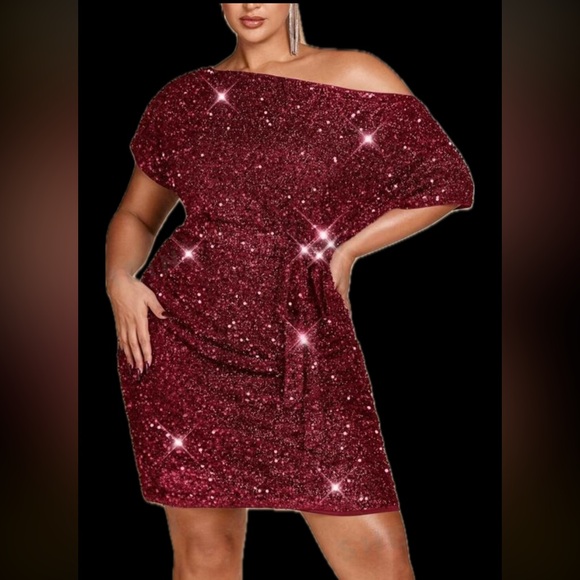 Luxe Plus Size Off Shoulder Sequin Belted Holiday Evening Dress Burgundy - Picture 3 of 5